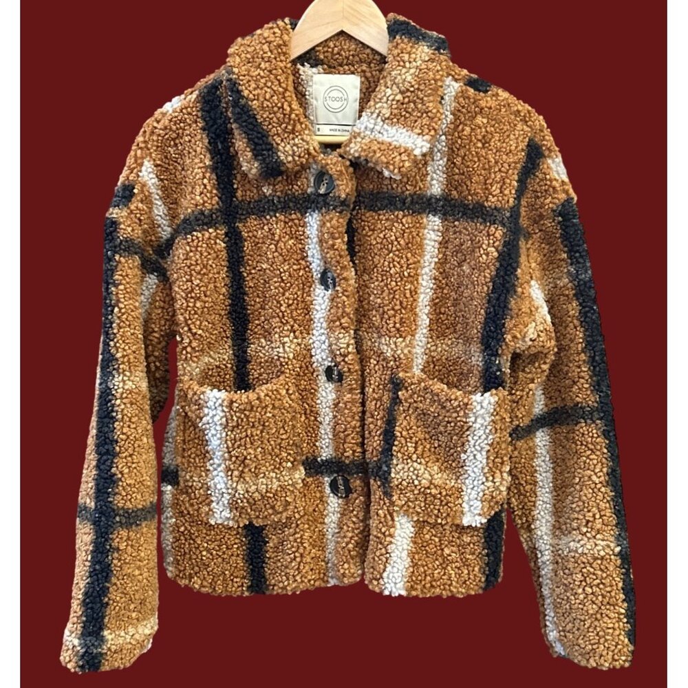 Stoosh Plaid Sherpa Teddy Jacket Brown Black White Check Cozy Retro Y2K Style